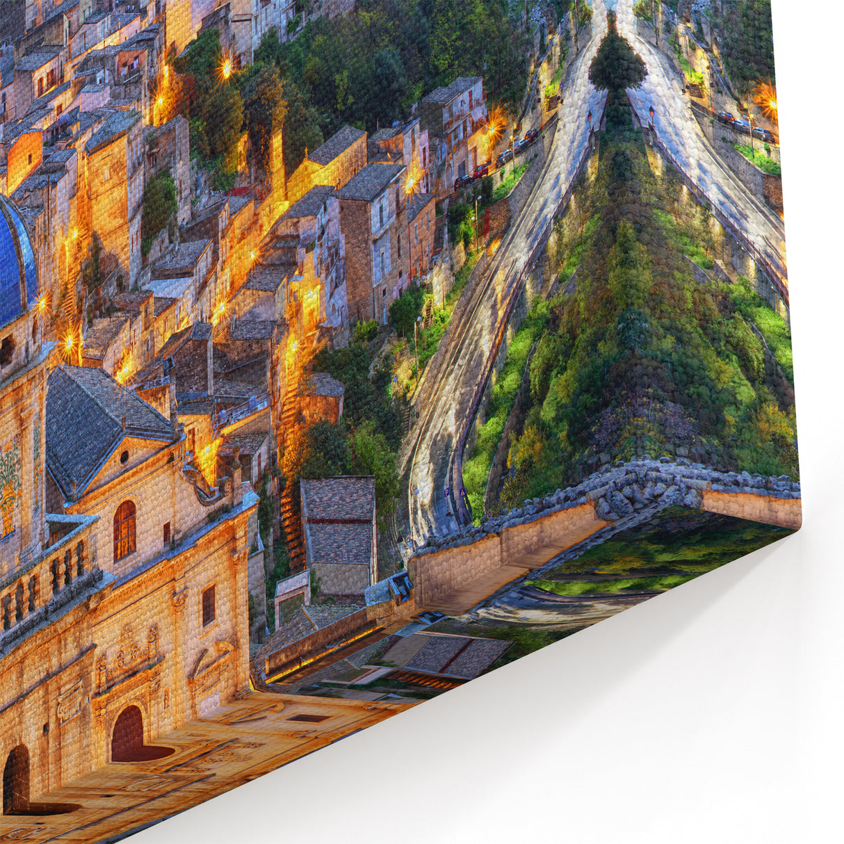 Italian Scenery Prints - Illuminated Sicilian Town at Dusk