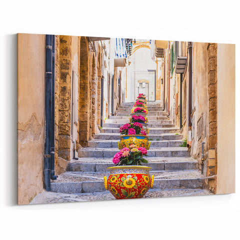 Sicily Wall Art - Colorful Flower Pots Lining a Sicilian Stairway