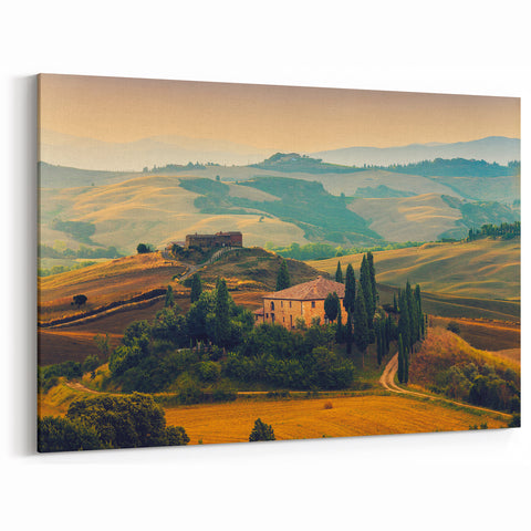 Italy Scenery Art – Tuscan Hills and Village Landscape Print