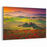 Tuscan Countryside Canvas – Poppy Fields and Rolling Hills at Sunset Print