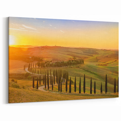 Italy Scenery Art – Tuscan Hills and Cypress Trees at Sunset Print