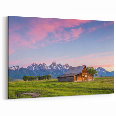 Grand Teton Canvas Print – Rustic Barn at Sunrise with Mountain View