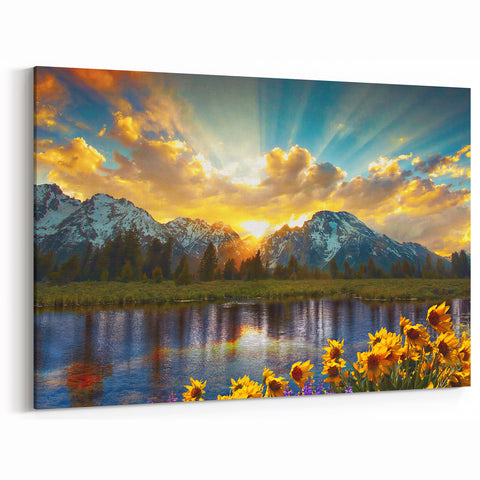 Grand Teton Scenic Print – Vibrant Sunrise with Flowers and Mountain View