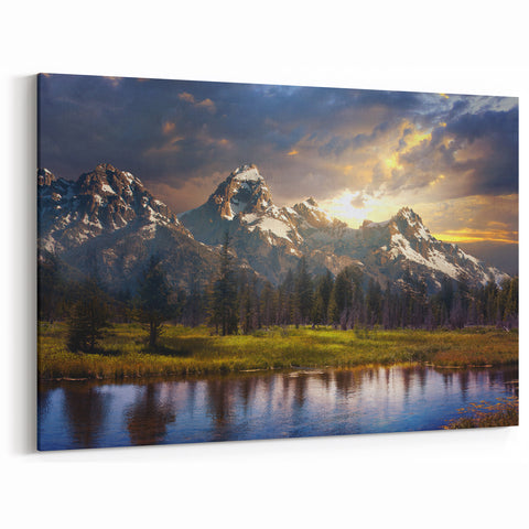 Grand Teton Scenic Print – Sunset Over Snowy Peaks and Reflective Water