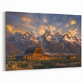 Grand Teton Canvas Print – Rustic Barn and Sunset Over Snowy Peaks