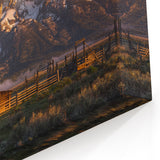 Grand Teton Canvas Print – Rustic Barn and Sunset Over Snowy Peaks
