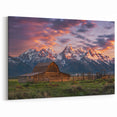 Grand Teton Framed Art – Rustic Barn with Glowing Sunset and Snowy Peaks