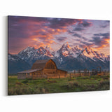 Grand Teton Framed Art – Rustic Barn with Glowing Sunset and Snowy Peaks