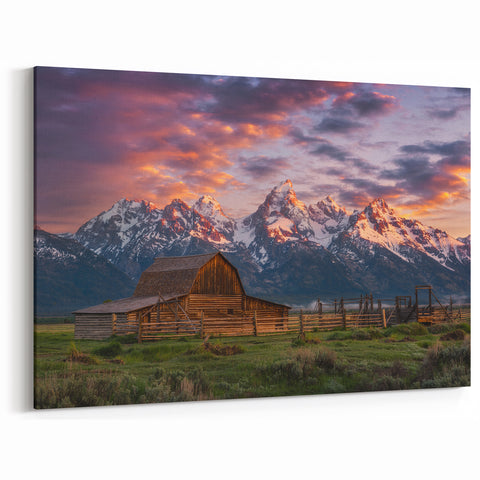 Grand Teton Framed Art – Rustic Barn with Glowing Sunset and Snowy Peaks
