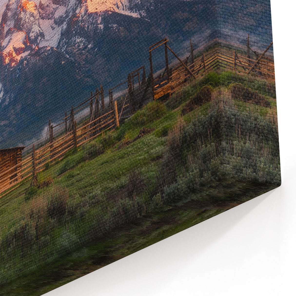 Grand Teton Framed Art – Rustic Barn with Glowing Sunset and Snowy Peaks