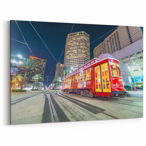 New Orleans Wall Art – Vibrant Streetcar at Night on Canal Street