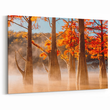 Louisiana Swamp Paintings - Misty Morning Cypress Trees in Fall Colors