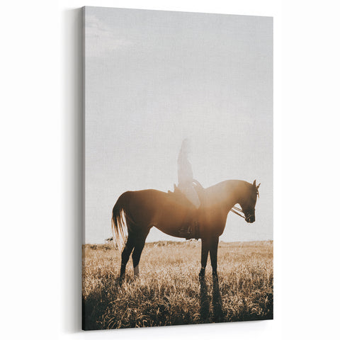 Farmhouse Wall Art - Rider on Horse at Sunset Rustic Country Style Decor