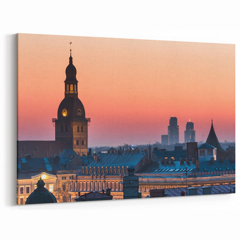 Riga Cityscape Art - Sunset Over Historic Skyline of Latvia