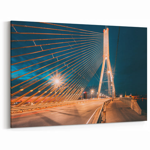Riga Cityscape Art - Night View of Iconic Cable Bridge in Latvia