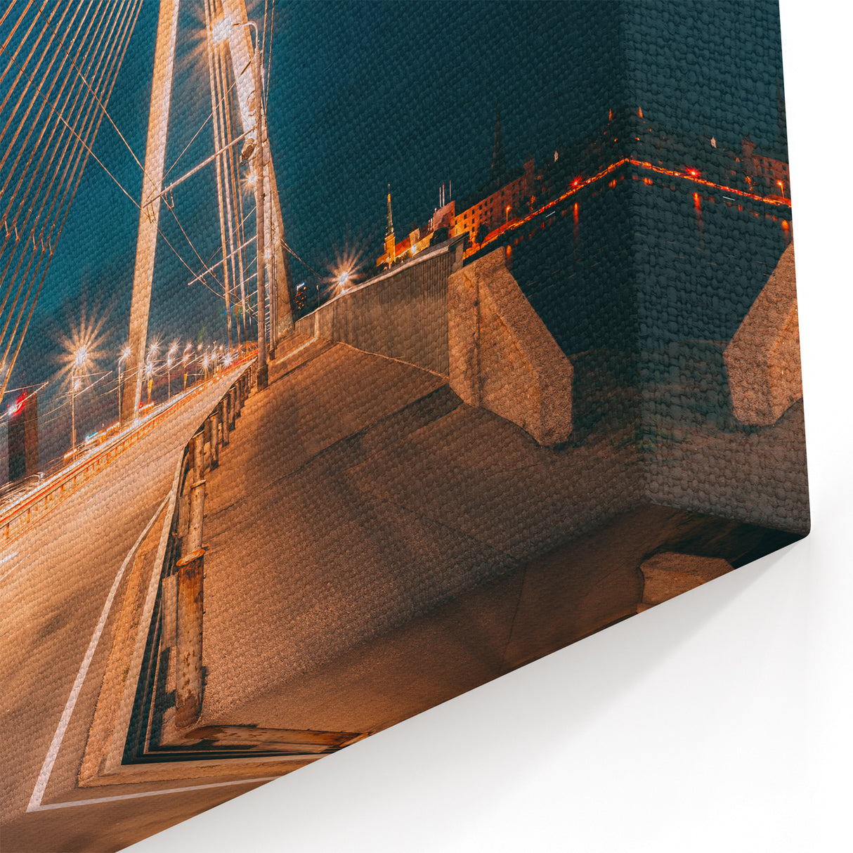 Riga Cityscape Art - Night View of Iconic Cable Bridge in Latvia