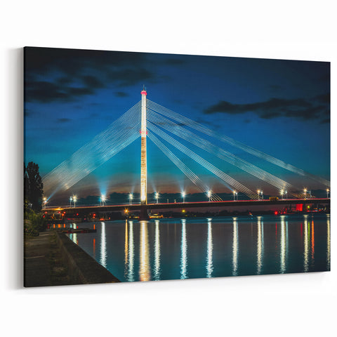Riga Cityscape Art - Cable Bridge Over the Daugava River at Night