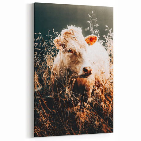 Rustic Farmhouse Wall Art of White Cow in Grass – Vintage Country Decor