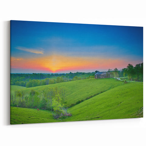Kentucky Wall Art – Scenic Bluegrass State Hills and Rustic Barn Sunset