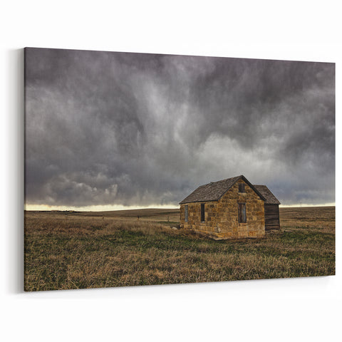 Kansas Landscape Prints - Stormy Sky Over Abandoned Stone House Art