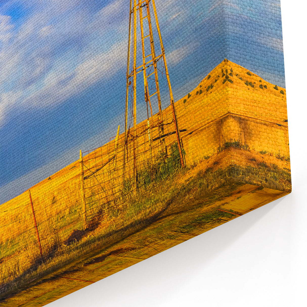 Kansas Landscape Prints - Rustic Windmill in Golden Wheat Field Art