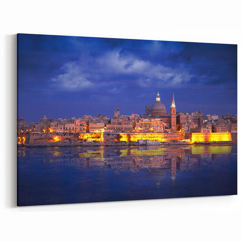 Malta Framed Art - Illuminated Valletta Cityscape by Night Wall Decor
