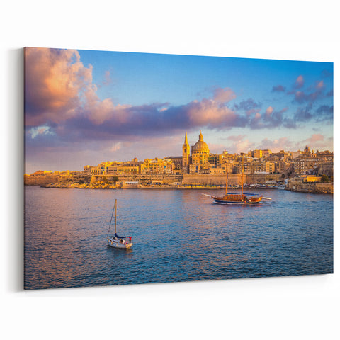 Malta Framed Art - Golden Hour Over Valletta and Sailing Boats