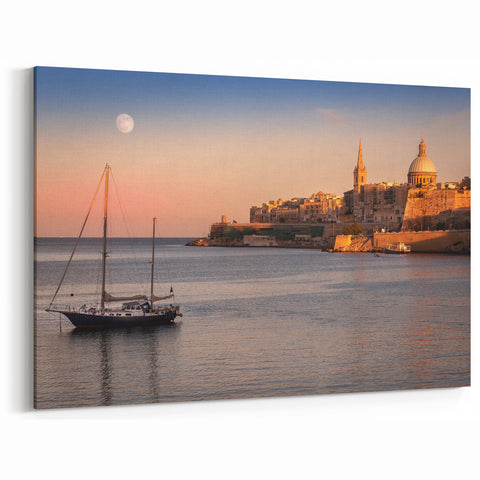 Malta Wall Art - Sailboat and Valletta Skyline at Dusk with Full Moon