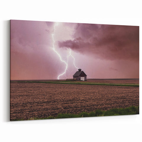 Iowa Landscape Art - Lightning Over Farmhouse Iowa Rural Scenery Print