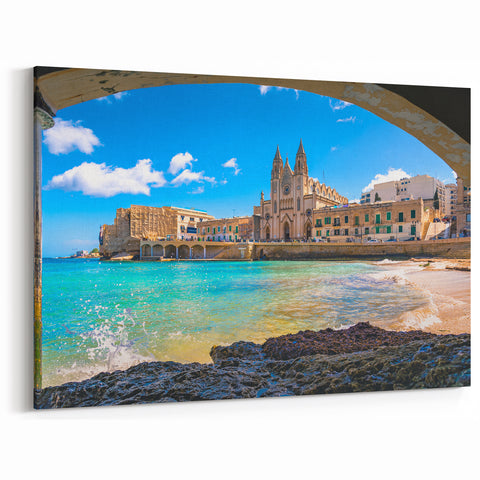 Malta Canvas Prints - Coastal View of St. Julian's Church and Blue Sea