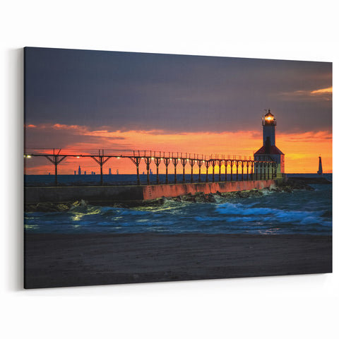 Indiana Wall Art - Lighthouse at Sunset Scenic Indiana Prints for Home Decor