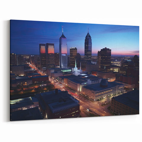 Indianapolis Landmarks Canvas - Sunset Cityscape with Illuminated Streets
