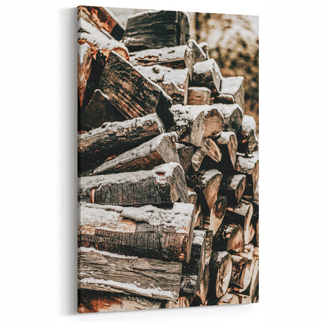 Rustic Firewood Wall Art | Winter Farmhouse Decor with Snow-Covered Wood