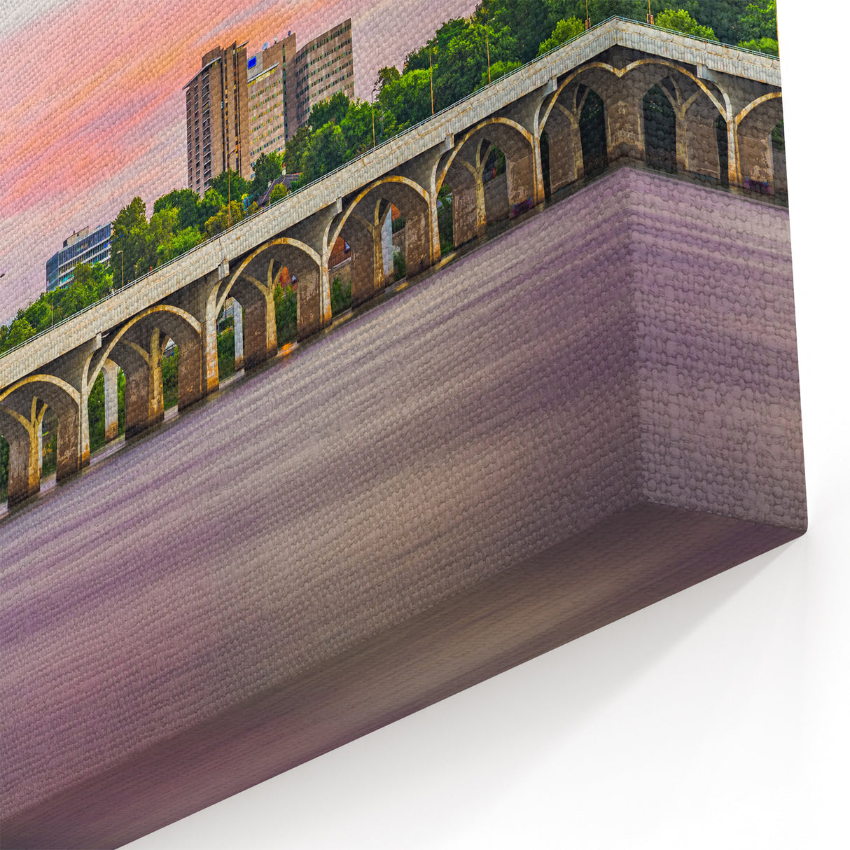 Framed Oklahoma Art - Tulsa Skyline and Bridge at Sunset Canvas Print