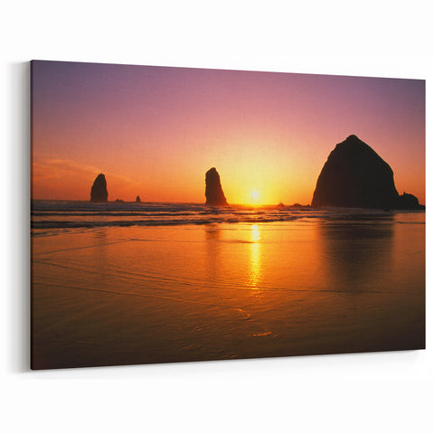 Oregon Beach Sunset Canvas - Cannon Beach Haystack Rock Silhouette Print