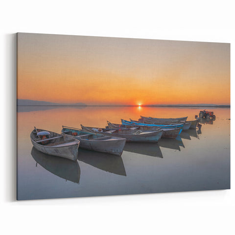 Mediterranean Sunset Wall Art - Serene Boats at Golden Hour Canvas