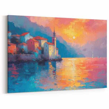 Mediterranean Coast Canvas - Colorful Sunset Over Seaside Village Art