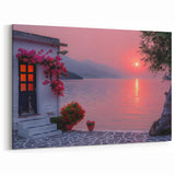 Mediterranean Sunset Wall Art - Charming Seaside Cottage at Dusk Canvas