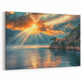 Mediterranean Coast Canvas - Sunrays Over Cliffside Village at Sunset Art