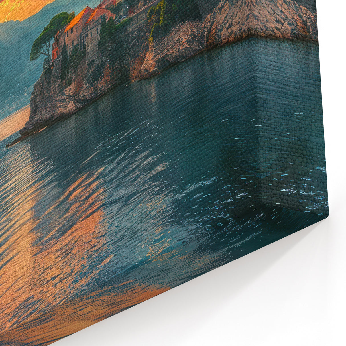 Mediterranean Coast Canvas - Sunrays Over Cliffside Village at Sunset Art