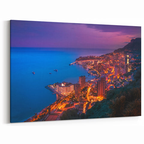 Europe Scenery Art - Captivating Night View of Monaco's Illuminated Coastline