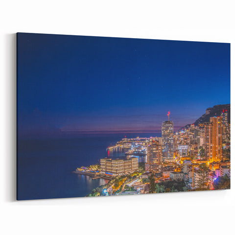Monaco Canvas Art - Glittering Monaco Skyline and Coastline at Night