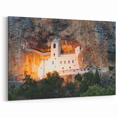 Montenegro Travel Art - Illuminated Ostrog Monastery at Dusk