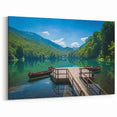 Montenegro Canvas Art - Tranquil Lake with Wooden Boats and Mountain Views