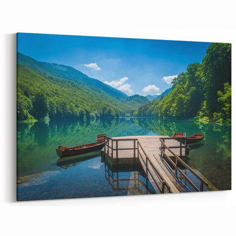 Montenegro Canvas Art - Tranquil Lake with Wooden Boats and Mountain Views