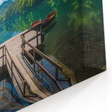 Montenegro Canvas Art - Tranquil Lake with Wooden Boats and Mountain Views