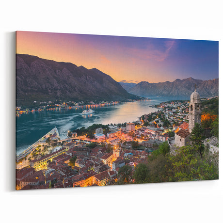 Montenegro Travel Art - Scenic Kotor Bay and City Lights at Dusk