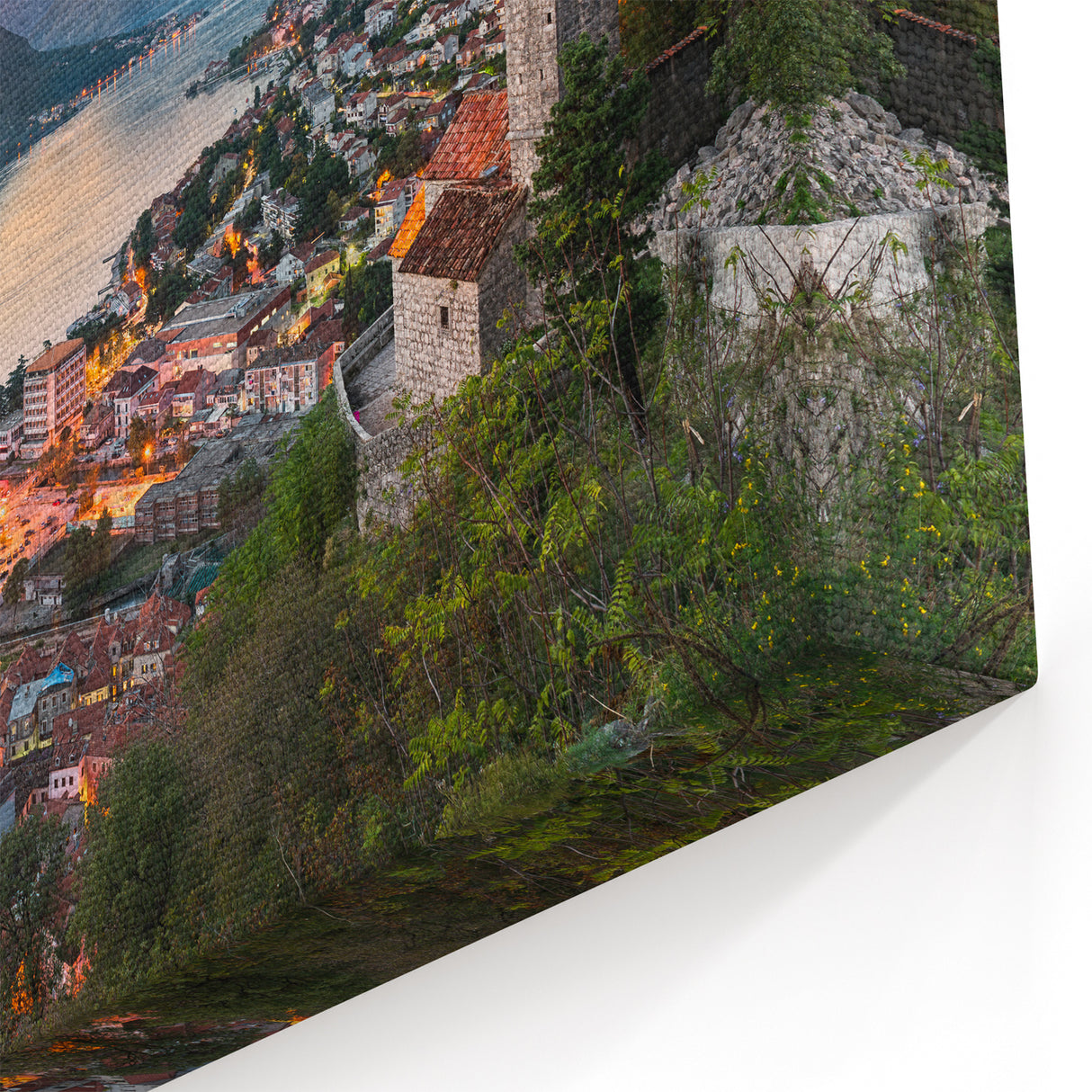 Montenegro Travel Art - Scenic Kotor Bay and City Lights at Dusk