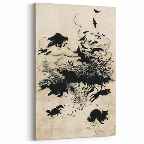 Dark Gothic Art: Mysterious Crows and Wolves in Vintage Gothic Print