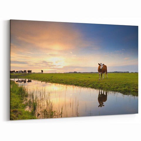 Netherlands Wall Art - Dutch Scenery Art with Cows at Sunset